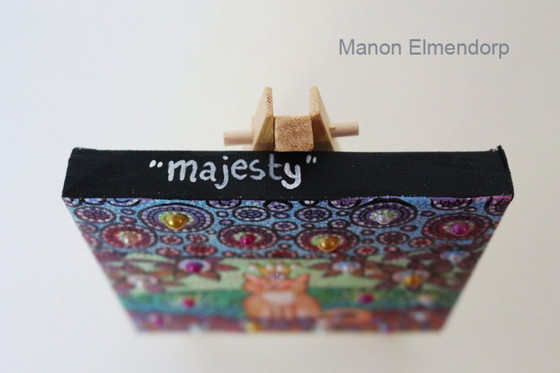 Image 1 of Tableau unique peint à la main, incluant un âne et un chat roux