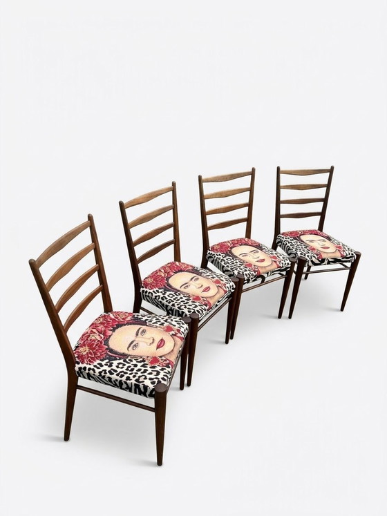 4 vintage wooden chairs Frida Kahlo image new fabric, Dining chairs, Textile, Pink (photo 4 of 6)