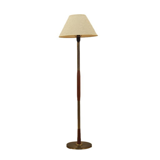 Lámpara de pie danesa con base de madera y metal, pantalla de tela botánica, años 60