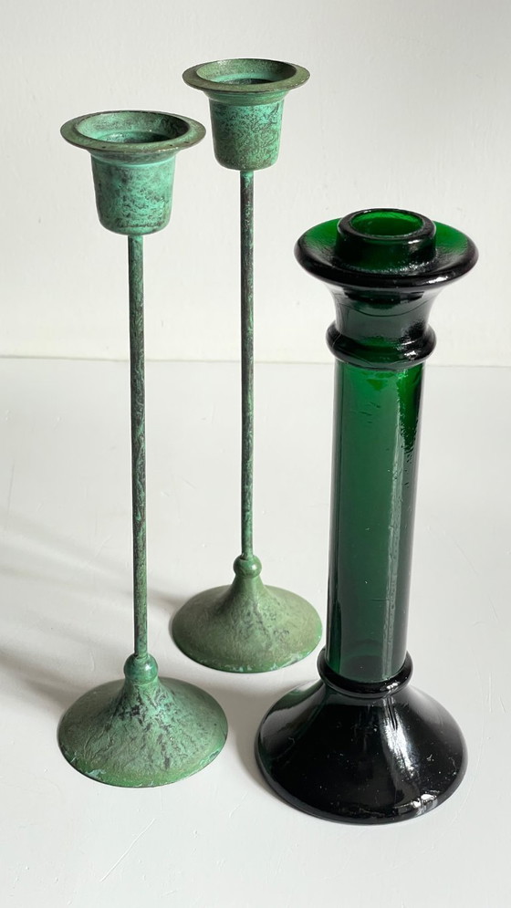 Image 1 of Vintage Glass and Metal Candle Holders Green