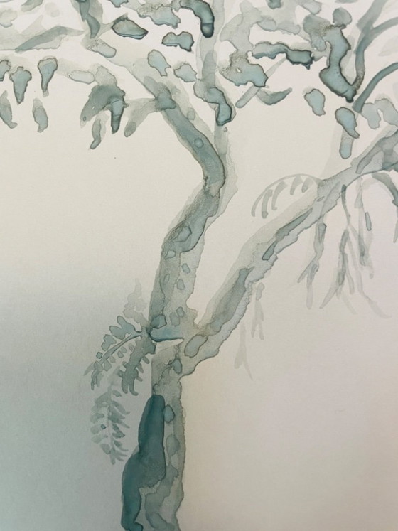 Image 1 of Signed watercolor, monochrome sage green landscape, "solitary tree"