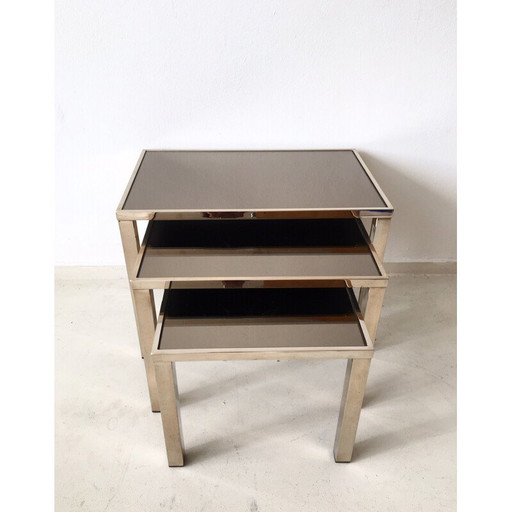 Ensemble de 3 tables gigognes Belgo en métal doré et verre miroir - années 1960
