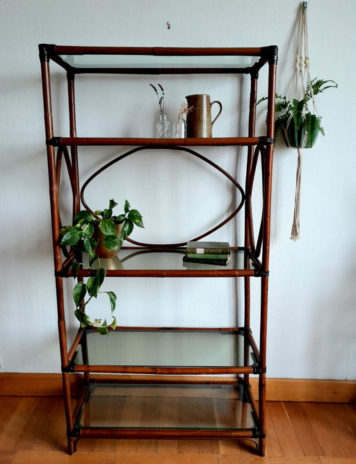 Large Rattan And Smoked Glass Shelf 1960