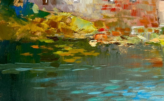 Image 1 of Original Oil Painting Village Bridge Landscape: The Bridge Leading to the City