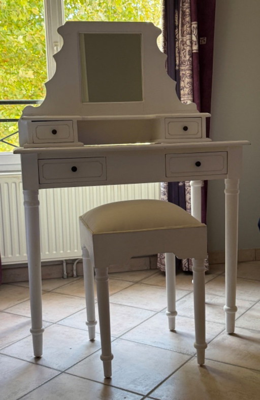 White wooden dressing table + stool