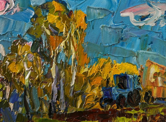 Image 1 of Original Oil Painting Nature Field Landscape Early spring over the village silence
