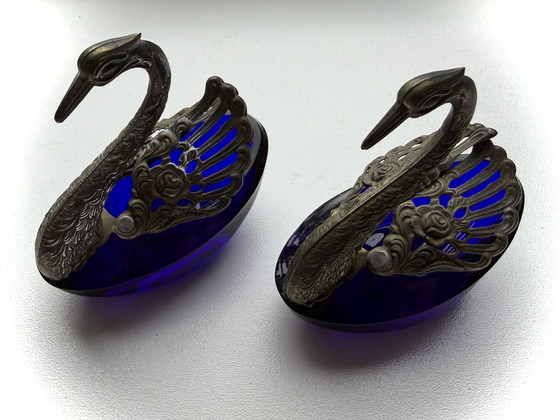 Image 1 of Zout & Specerijenhouder - zilver 800 - kobalt kristal - 1940/1950