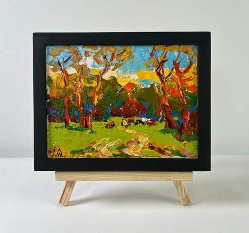Original Oil Painting Colorful Trees Landscape Summer evening in the forest