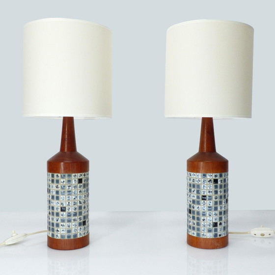 Image 1 of Pair of Scandinavian Teak and Mosaic Table Lamps, Denmark 1960
