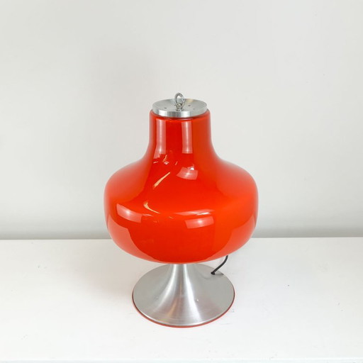 Lampe de table, abat-jour en verre avec pied en aluminium, années 1970