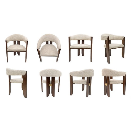 Eight Mid-century Modern Italian Bouclè and Walnut Dining Chairs, 1970s