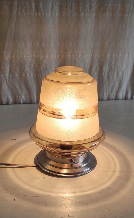 Image 1 of Lampadario vintage in vetro fumé/satinato - metà del XX secolo