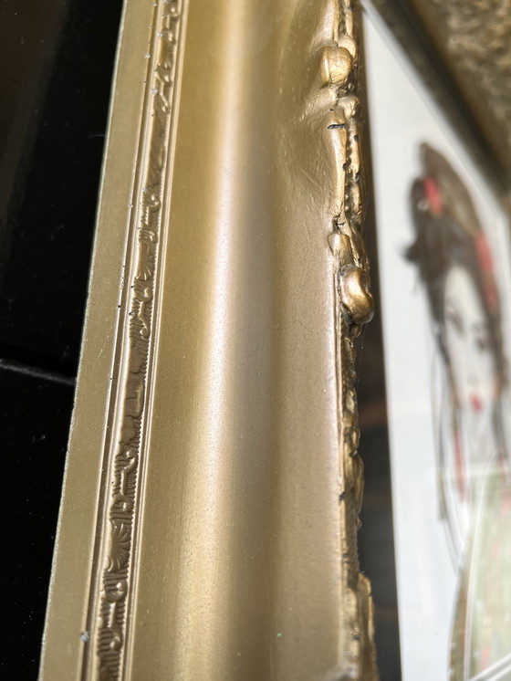 Image 1 of Peinture de geisha crayon/acrylique cadre baroque ancien