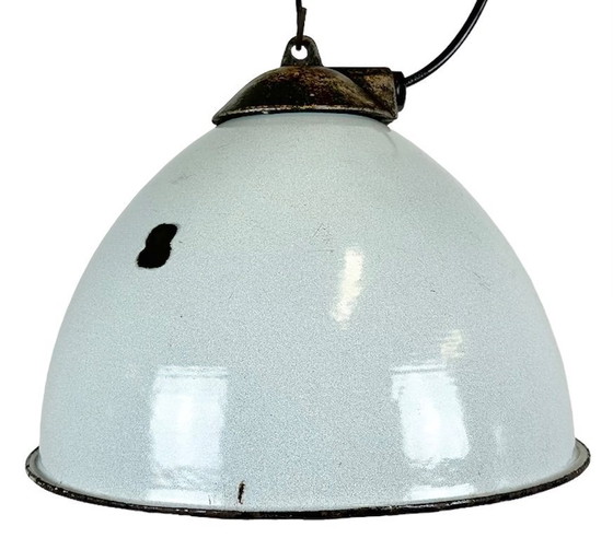 Image 1 of Industrial Grey Enamel Factory Lamp with Cast Iron Top, 1960s