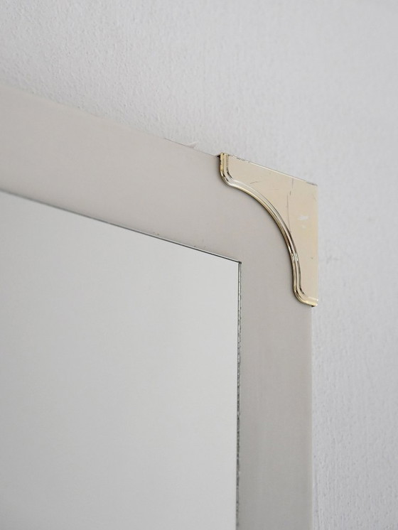 Image 1 of 1940s/50s Scandinavian Wall Mirror with White Frame and Brass Details