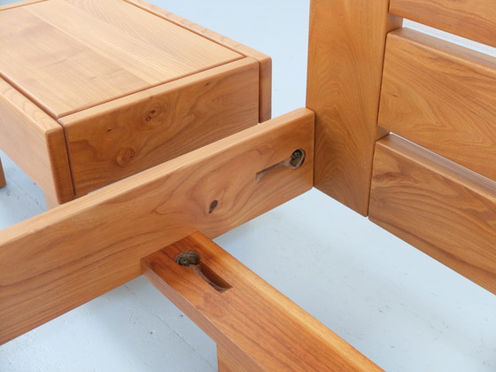 Image 1 of Bed frame and bedside tables, set of 3, solid elm wood, Regain France certified edition, year 1980