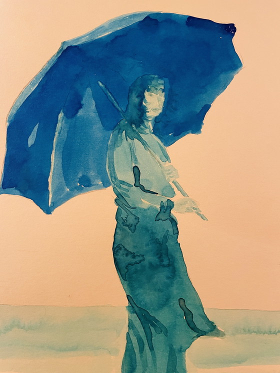 Image 1 of Gesigneerd schilderij blauw aquarel vrouwenportret "weekend in Honfleur".