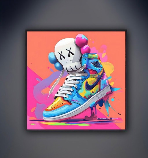 Thirteen: "Nike Jordan by Kaws." Hand-signed, edition 6/10. Glicee on canvas. Includes frame and hanging system. Limited edition