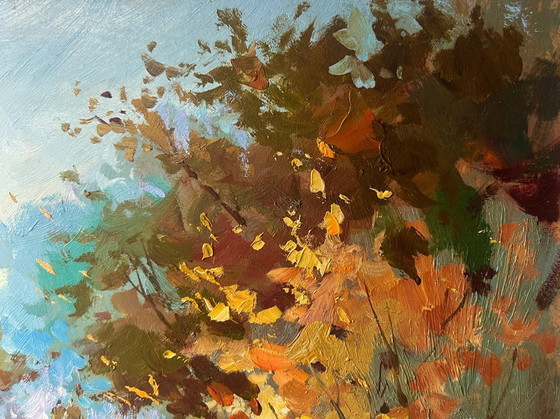 Image 1 of Peinture à l'huile originale, paysage forestier d'automne, promenade en forêt d'automne