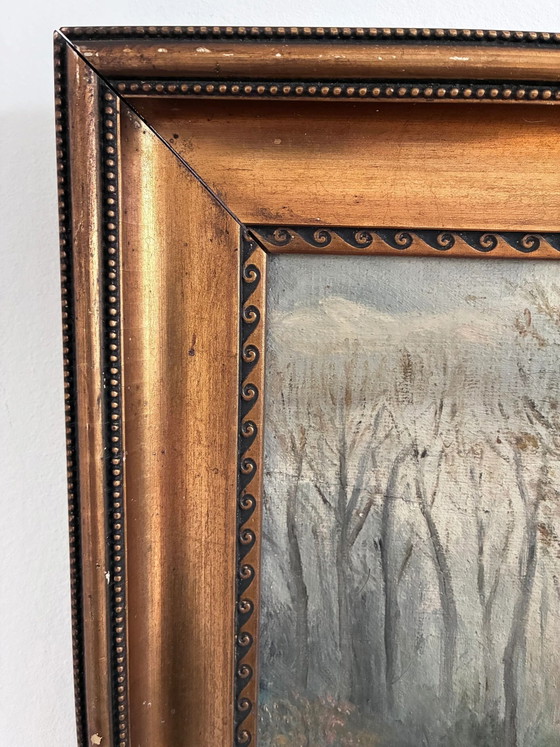 Image 1 of Peinture à l'huile originale ancienne représentant un paysage forestier, vers 1910