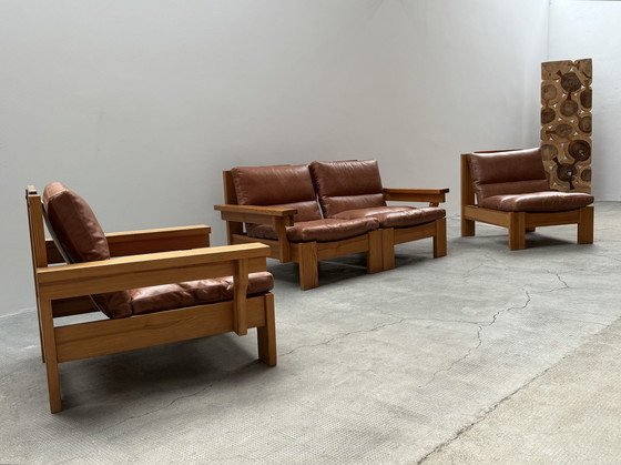 Image 1 of MODULAIRE STOEL SOFA SER PIEF HOUT MASSIEF COGNAC LEATHER IN KARIN MOBRING STIJL, SCANDINAVIA 1970