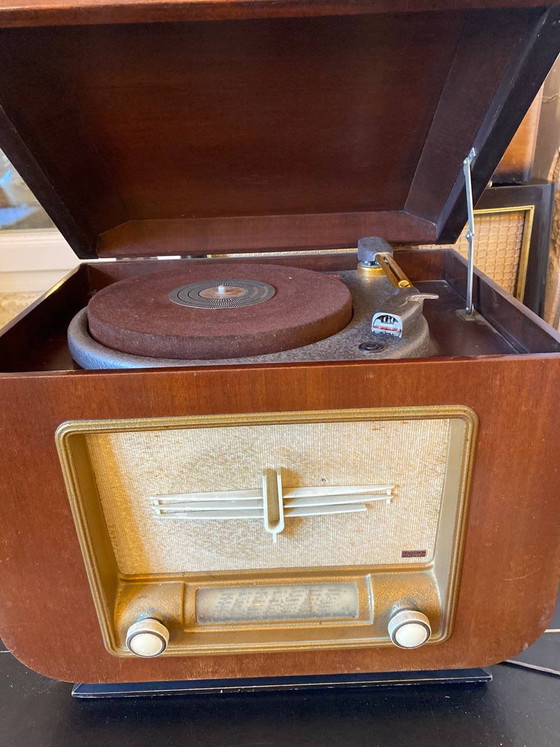 Ducretet-Thomson platenspeler met radio, massief mahoniehouten kast, originele draaitafel, jaren 1950. (photo 2 of 5)