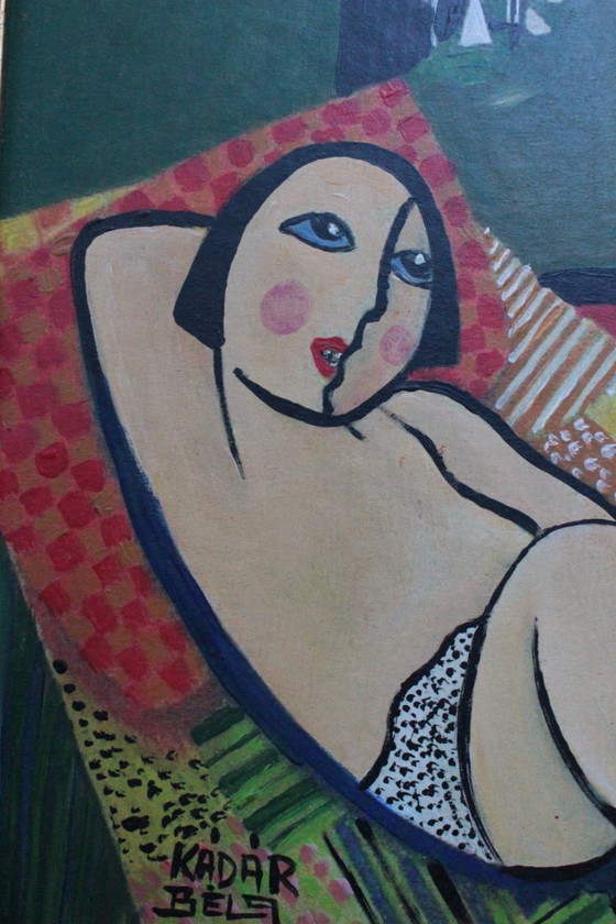 Image 1 of 1960s Béla Kádár (Attr.) Modernist Figural Composition Nude and Cat