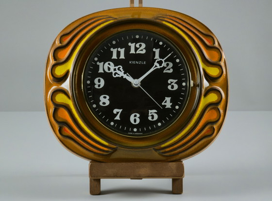 Image 1 of 1970s Vintage KIENZLE Fat-Lava Glazed Ceramic Wall Clock — West Germany Wave-Like Wall Clock.