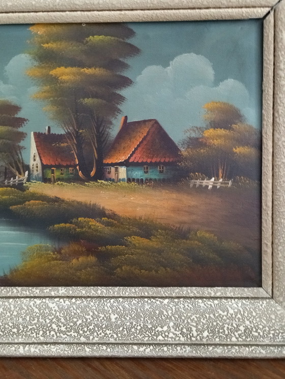Image 1 of Vintage schilderij – Landelijk landschap – Cottagecore-stijl