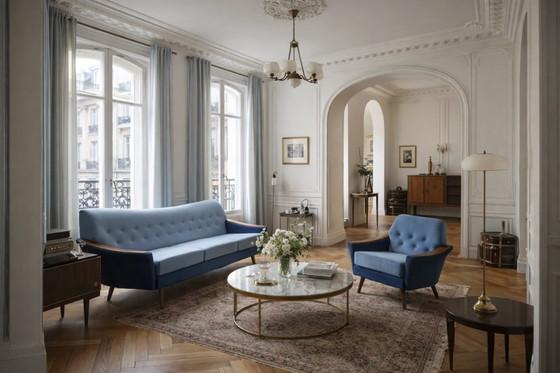 Image 1 of Vintage Mid-Century Scandinavian Modern Blue Velvet Living Room Set by Holm Fabriker AB, Set of 2, 1960s