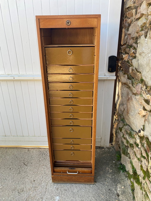 Oak Curtain File Cabinet with Drawers 1950