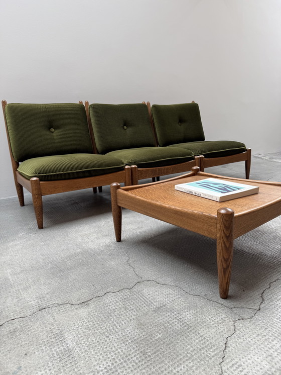 Image 1 of Set of 3 Wilhelm Knoll armchairs solid oak wood cord velvet dark green, Germany 1960s