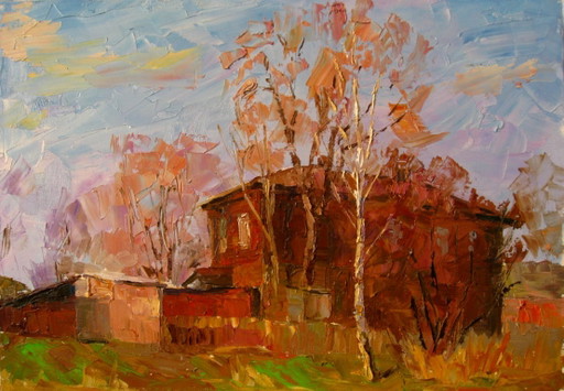 Original Ölgemälde Ländliche Landschaft Dorf Herbst Altes Haus