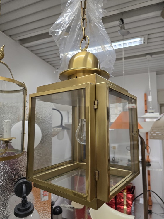 Image 1 of Lampadario Lanterna Vintage in Ottone e Vetro - Design Anni '70/'80