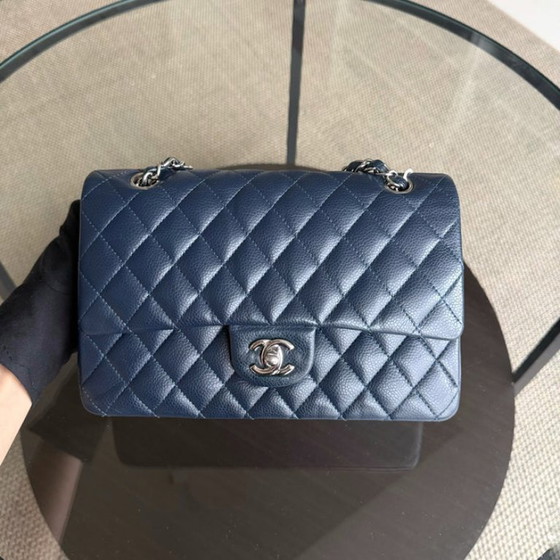 Image 1 of Chanel Classic Flap Medium - Caviar 25CM Quilted Dark Midnight Blue Silver Hardware Series 19