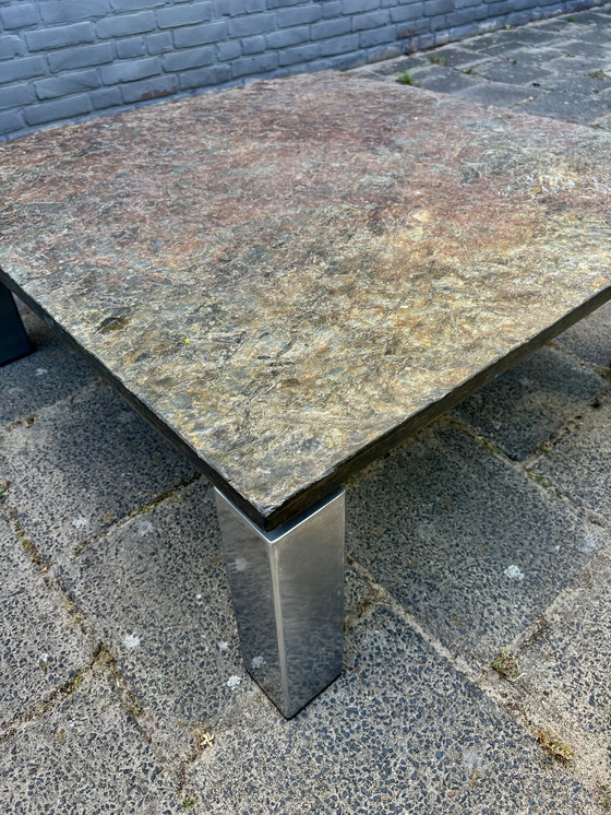 Image 1 of Vintage Brutalist Leistenen Salontafel met Chroom Onderstel – 80x80 cm