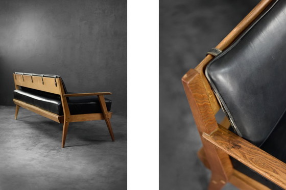 Image 1 of Divano vintage in rovere e pelle nera, stile tedesco moderno di metà secolo, anni '60