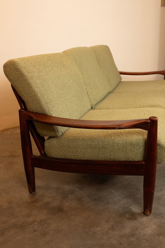 Image 1 of Vintage Deense teakhouten 3-zitsbank met nieuwe mosgroene bouclé bekleding