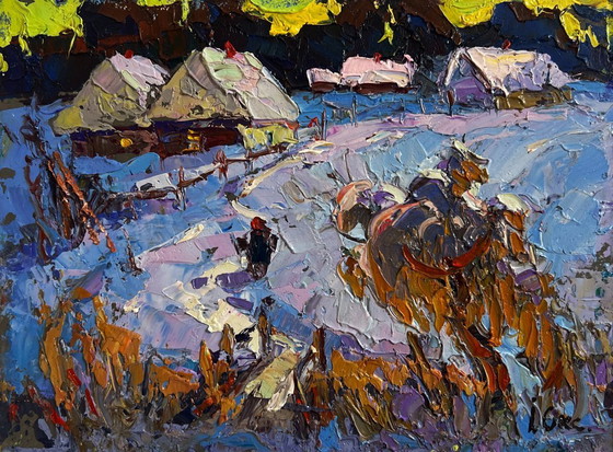 Image 1 of Original Oil Painting Winter Houses Landscape Snowy road in the village