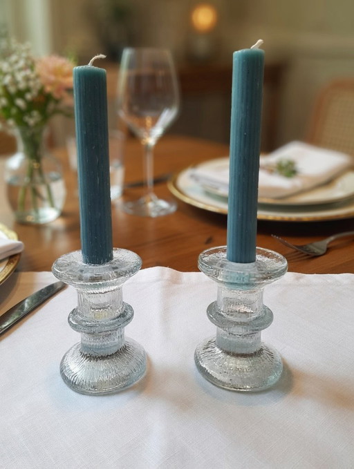 Vintage Iittala Festivo kandelaars – set van 2 – Timo Sarpaneva 1967 – ijsglas, ca. 9 cm