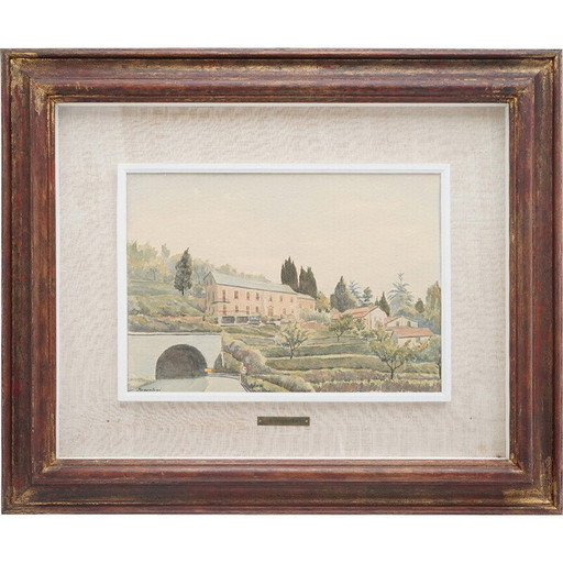 Acuarela vintage «Liguria» de Giacomo Maganzini, década de 1970