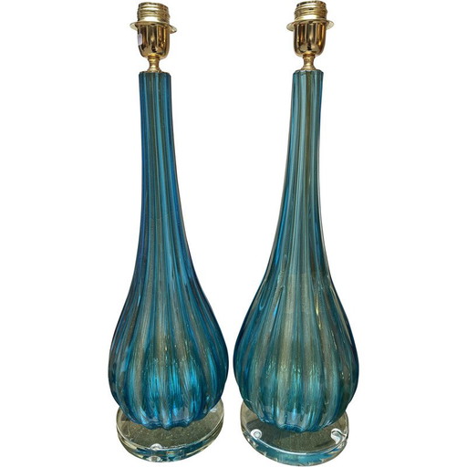 Paar vintage lampen in blauw en goud Murano glas van Toso