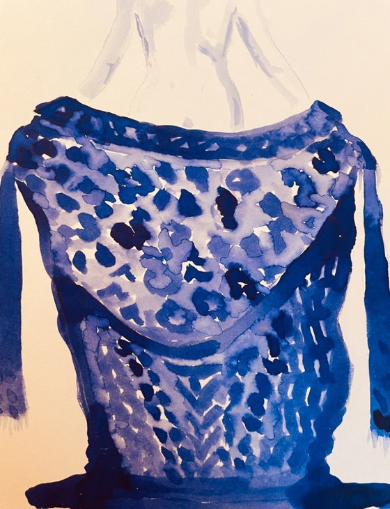 Image 1 of Monochrome Watercolor Indigo Blue Portrait of a Woman "Japan Denim"