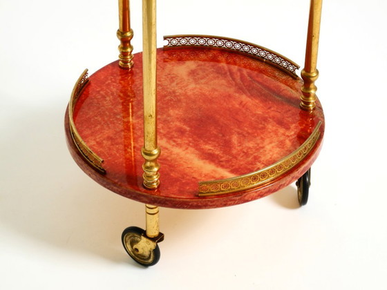 Image 1 of Round, small 1960s Aldo Tura serving or bar trolley in red goatskin leather | Made in Italy