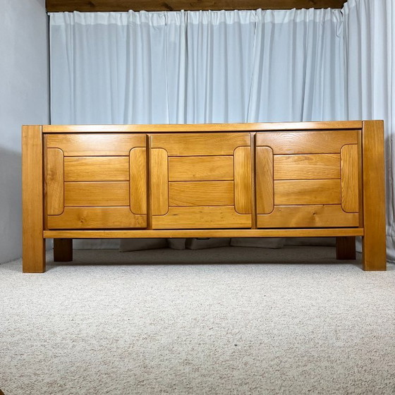 Image 1 of Large French sideboard in solid elm, 1970, attributed to the Chauvin Workshop