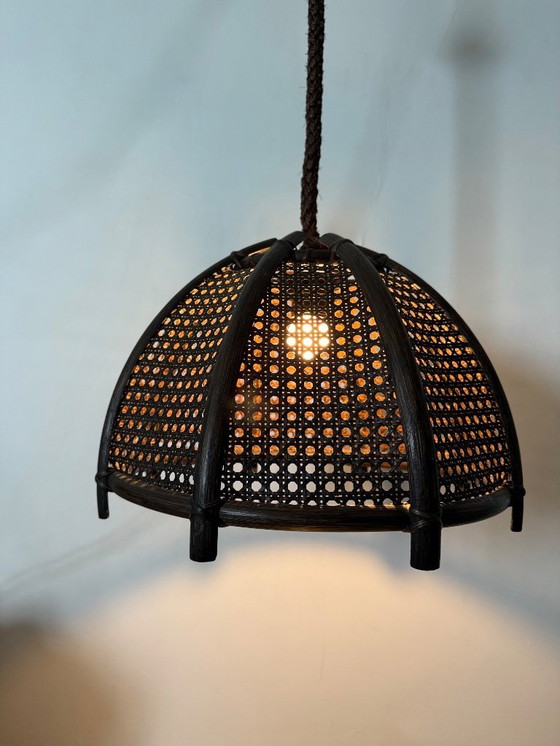 Image 1 of Vintage rattan and webbing hanging lamp 1970s retro