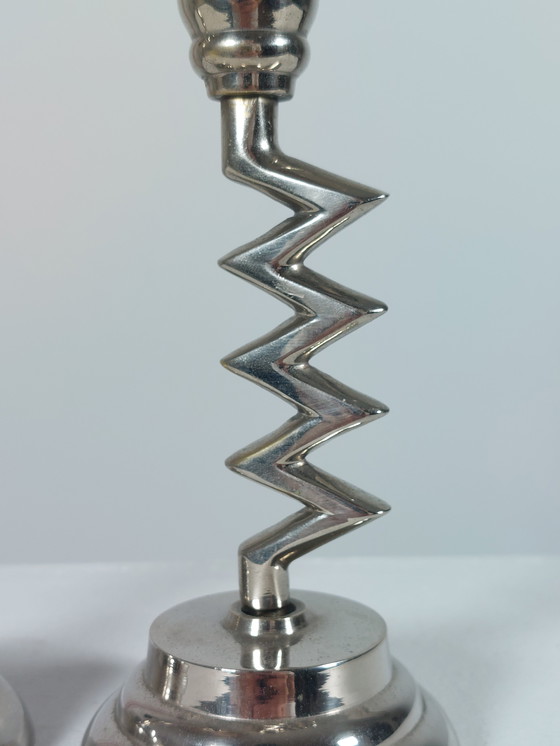 Image 1 of Coppia di candelieri vintage di design, decoro a zigzag, cromati, stile Memphis, anni '80
