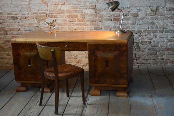 Gerestaureerd art-deco schrijfbureau, mahonie, walnoot, gerestaureerde Poolse afwerking, Tsjechisch, jaren (photo 6 of 46)