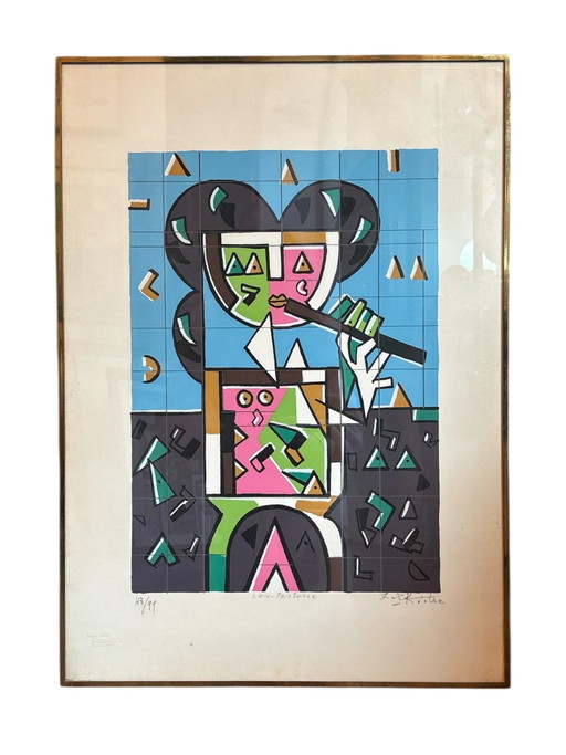 Color Lithograph "Player" by Ibrahim Kodra 1970s – schilderijen tekeningen, Paper, Geometrisch