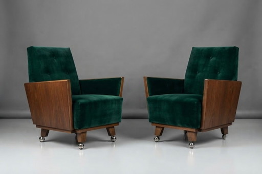 Poltrone Art Déco ungheresi in velluto verde con pannelli laterali in legno e rotelle, anni '30, set di 2